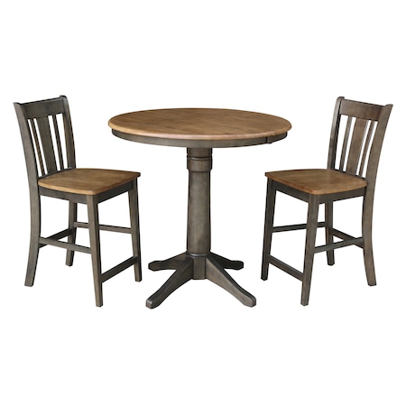 International Concepts Round 36 in Rd Extend Dining Table, 2 San Remo Counter Ht Stools, Hickory/Coal, 36 in W, 48 in L K45-36RXT-27B-S102-2